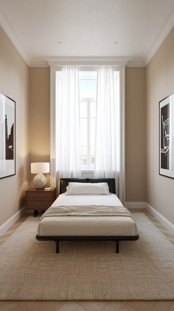 A symmetrical Contemporary Single bedroom with a black low-profile bed, a wooden nightstand with a lamp, and two framed art pieces on the light beige walls. A large window with white sheer curtains dominates the far wall, and the room has a large light rug, creating an inviting and balanced space.