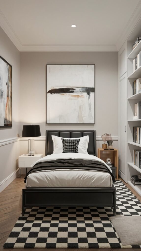 A bold Contemporary Single bedroom with a black upholstered bed and headboard, white nightstands, and a large abstract art piece above the bed. The room features a striking black and white checkered rug and built-in shelving, offering a dramatic and stylish look.
