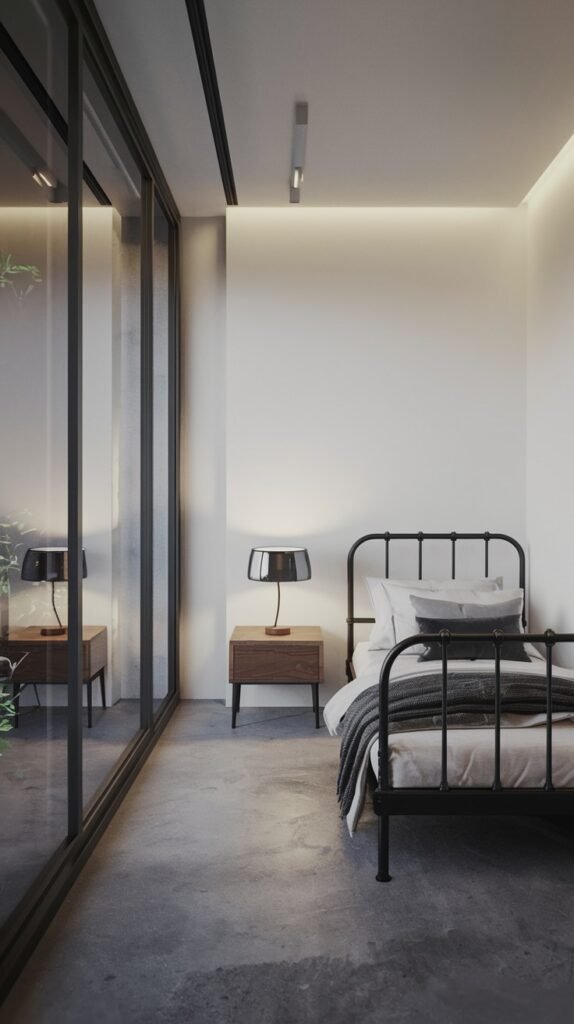 An industrial-chic Contemporary Single bedroom with a black metal bed frame, a wooden nightstand with a black lamp, and a large glass wall feature. The room has light grey walls and a concrete floor, creating a modern, minimalist space.