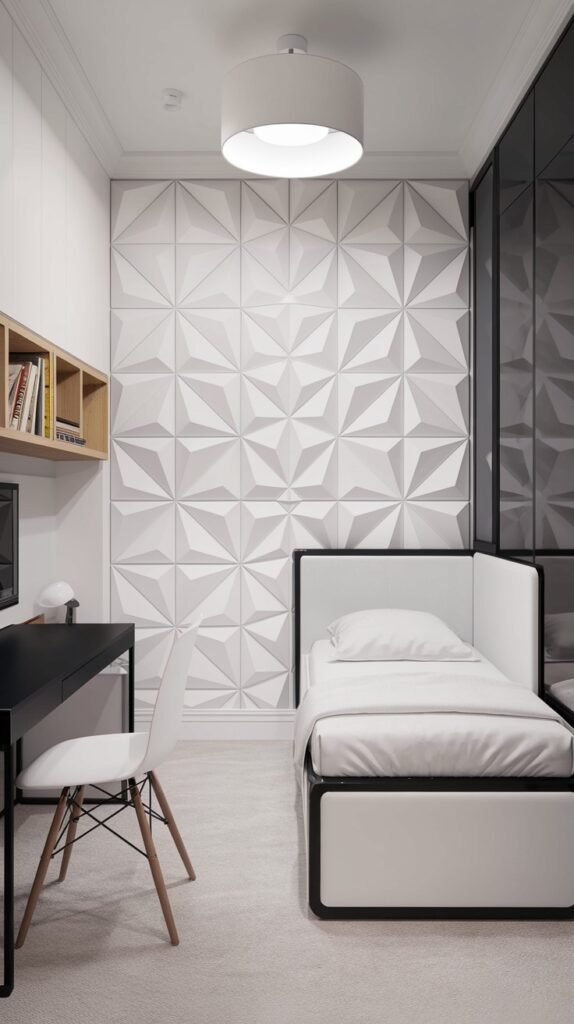A unique Contemporary Single bedroom with a white upholstered bed, a black desk with a white chair, and a striking 3D geometric accent wall. The room features light flooring and a large ceiling light, creating a modern and dynamic design.