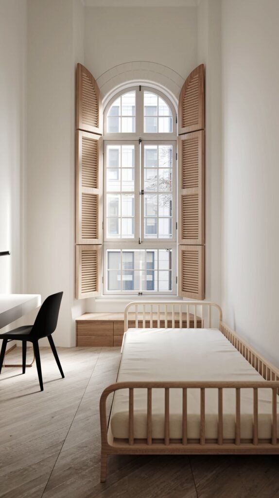 A charming Contemporary Single bedroom with a wooden slatted bed frame, a wooden nightstand, and a black chair at a white desk. A tall arched window with wooden shutters is a focal point, bringing character to this bright and airy space.