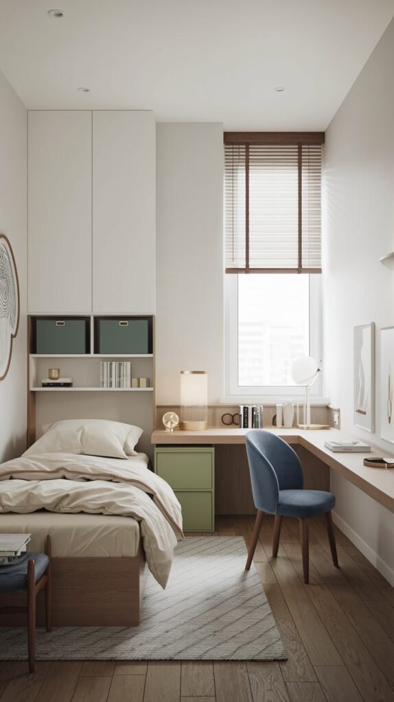 A functional Contemporary Single bedroom with a bed, an L-shaped wooden desk with a blue chair, and white overhead cabinets. The room features integrated shelving with green storage boxes, a window with wooden blinds, and light wood flooring, optimizing space with a contemporary flair.