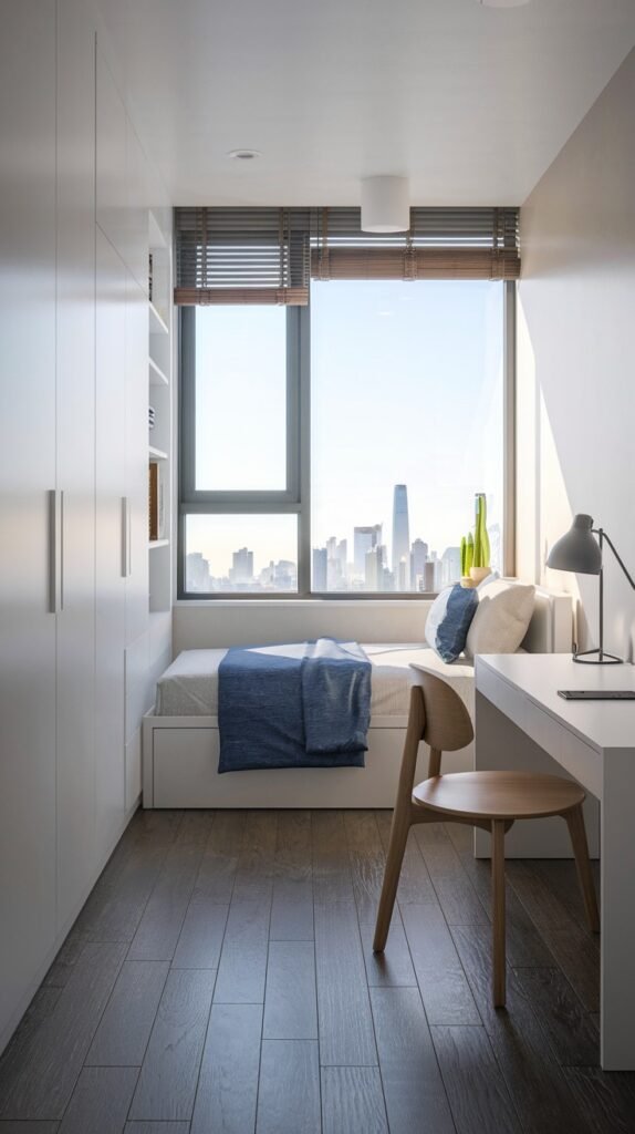 A compact Contemporary Single bedroom with a built-in bed nook under a large window, a blue throw blanket, a white desk with a wooden chair, and white built-in wardrobes. Wooden blinds and dark wood flooring add to the modern, functional design.