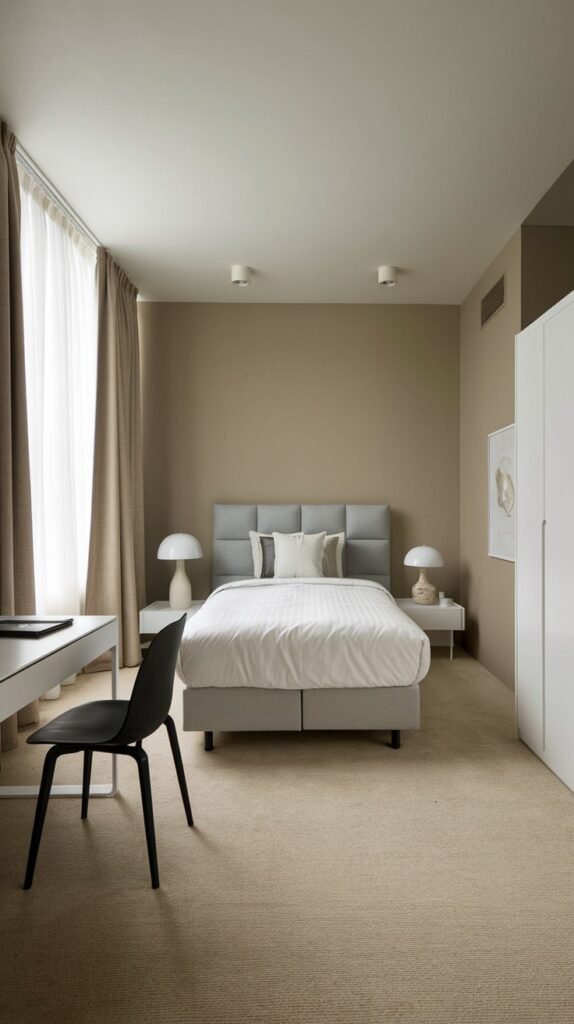 A spacious Contemporary Single bedroom with a grey upholstered bed and headboard, white nightstands with modern lamps, and a white wardrobe. The room has warm beige walls, large windows with beige curtains, and a beige carpet, creating a serene and uncluttered environment.