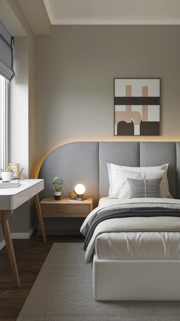 A Contemporary Single bedroom with a grey upholstered headboard featuring integrated curved lighting, a wooden nightstand with a lamp, and a white desk. The room has light grey walls and a window with blinds, creating a cozy and stylish setting.