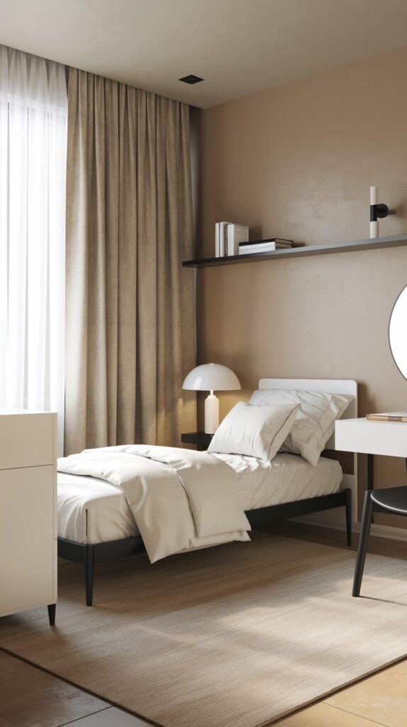 A minimalist Contemporary Single bedroom with a black low-profile bed frame, a white dresser, and a white desk with a black chair. The room features a dark floating shelf, a large window with beige curtains, and light flooring, embodying a simple, modern aesthetic.