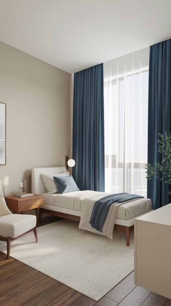A bright Contemporary Single bedroom with a white bed frame, a wooden nightstand with a lamp, and a light armchair. The room features striking blue curtains on a large window, a light rug, and wood flooring, adding a pop of color to the otherwise neutral space.