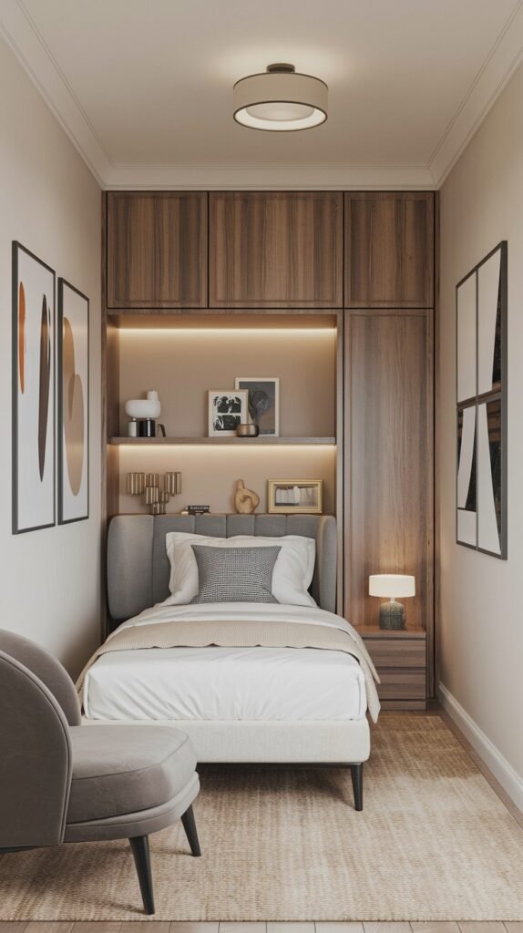 A cozy Contemporary Single bedroom with an upholstered bed, a built-in wardrobe with wooden and light-toned panels, and a niche with shelves and warm lighting. A grey accent chair and a small nightstand with a lamp complete this compact and efficient design.