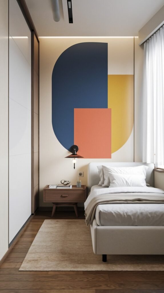 A vibrant Contemporary Single bedroom with a bed, a wooden nightstand, and a bold geometric accent wall in blue, red, and yellow. White built-in wardrobes and a large window with sheer curtains provide a clean backdrop for the artistic statement.