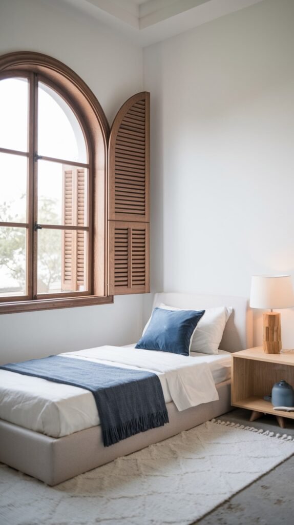 A Contemporary Single bedroom with a light upholstered bed frame, a blue throw and pillow, and a wooden nightstand with a lamp. A large arched window with wooden shutters is a prominent feature, and the room has light walls and a textured rug, offering a warm and inviting atmosphere.