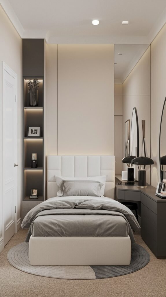 A sophisticated Contemporary Single bedroom with an upholstered headboard, a white bed, and dark grey nightstands. A large mirror reflects the room, and a tall built-in shelving unit with lighting adds functionality and display space. The room features a circular rug and a neutral color palette, creating an elegant and well-organized space.