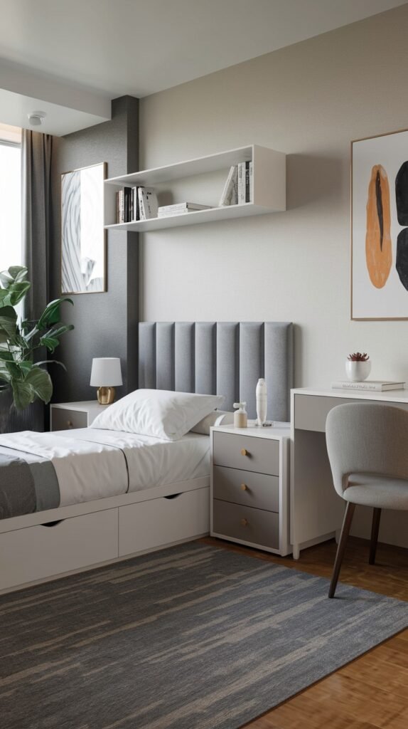 A Contemporary Single bedroom featuring a bed with under-bed storage, a grey upholstered headboard, a white floating shelf, and a white desk with a grey chair. The room has light walls, a large window with grey curtains, and a grey striped rug, giving it a modern feel.