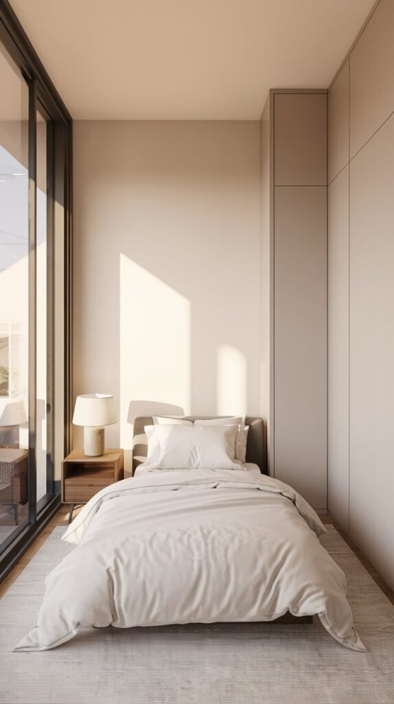 A bright Contemporary Single bedroom with a low-profile bed, light beige bedding, a wooden nightstand with a lamp, and light-colored walls. A large sliding glass door brings in ample natural light, and the room features a light rug and minimalist built-in cabinetry.