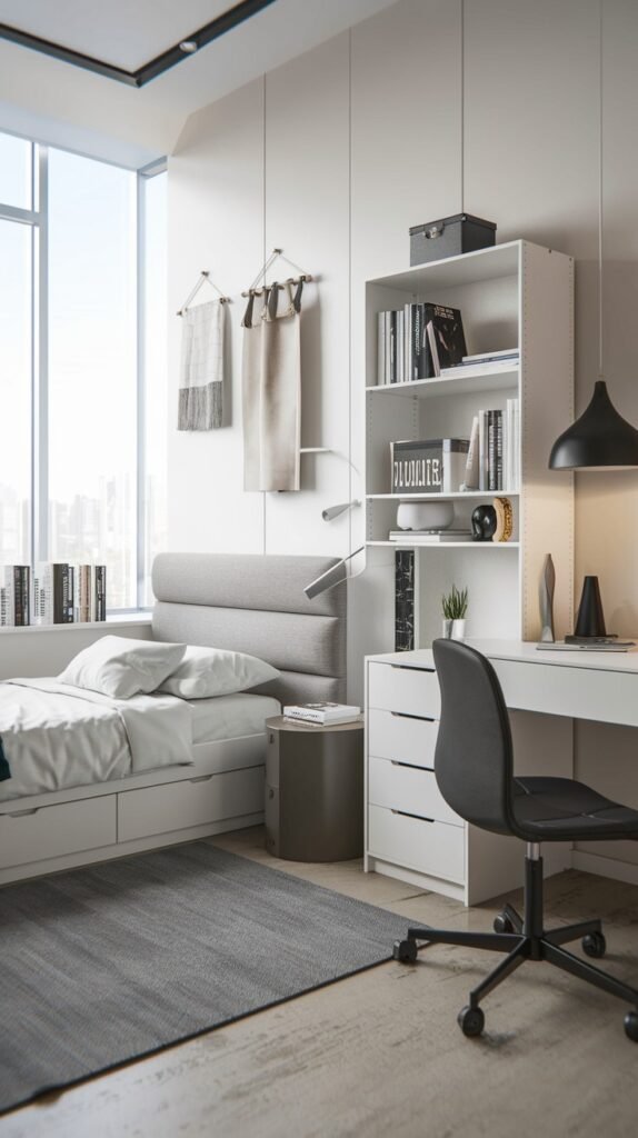 A Contemporary Single bedroom with a grey upholstered headboard, a bed with under-bed storage, a white desk with a black office chair, and white open shelving. The room features a large window, a grey rug, and a clean, functional design.