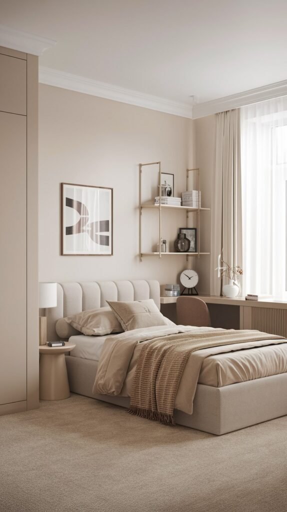 A serene Contemporary Single bedroom in shades of beige, featuring a bed with a ribbed upholstered headboard, a round nightstand, and a matching wooden desk with a chair. The room has light walls, sheer and beige curtains, and golden shelving with decor, creating a soft, inviting atmosphere.