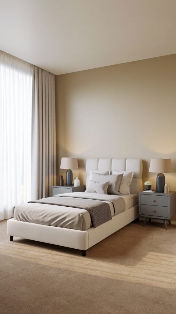 A spacious Contemporary Single bedroom with a white upholstered bed and headboard, flanked by two grey nightstands with lamps. The room has light beige walls, long sheer curtains, and a light brown carpet, offering a calm and elegant setting.