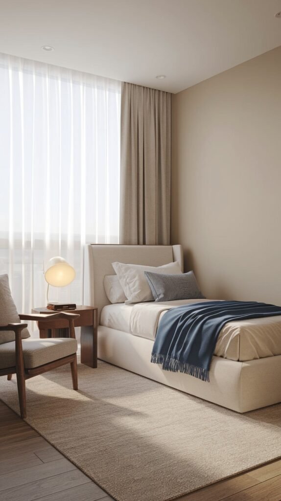 A bright Contemporary Single bedroom with a bed featuring a light upholstered frame and headboard, a blue throw, and a wooden armchair with a lamp. The room is bathed in natural light from a large window with sheer and beige curtains, and features a light rug and wooden flooring.