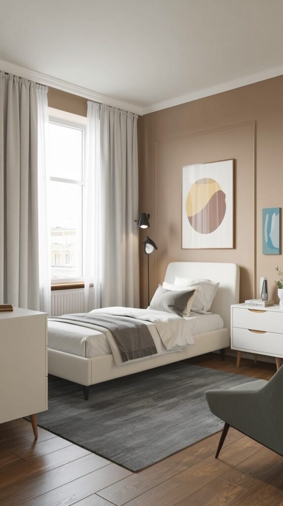 A Contemporary Single bedroom with a white bed, white dressers, and a grey rug on a dark wood floor. The accent wall is painted a warm brown with modern abstract art, and the room has large windows with light grey curtains, creating a cozy yet stylish space.