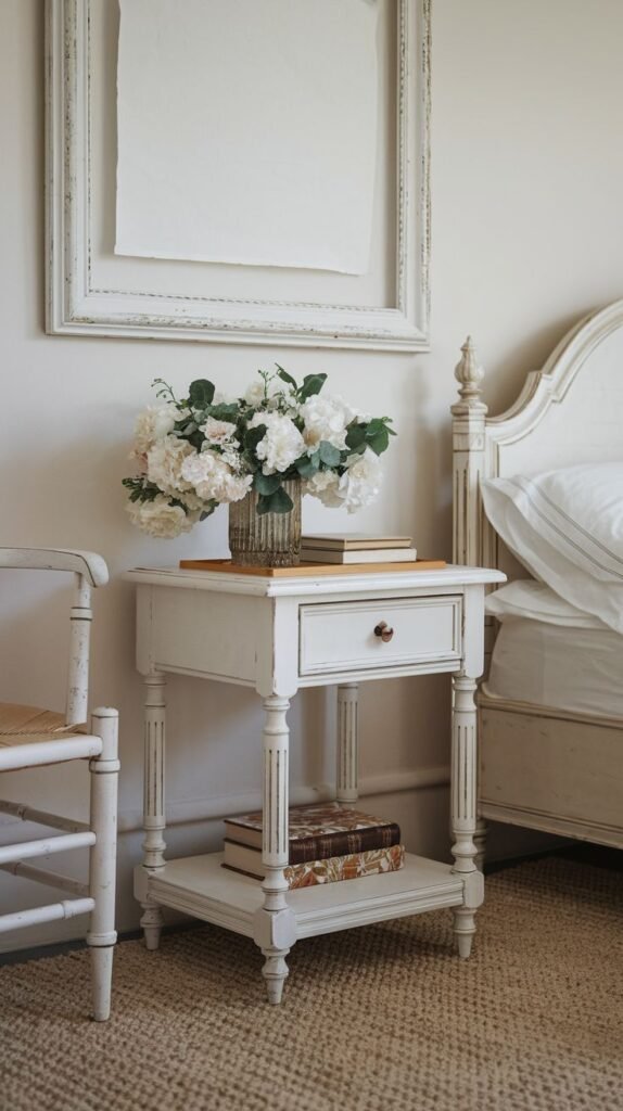 A classic white painted wooden side table with a single drawer, turned legs, and a lower shelf, decorated with flowers and books, positioned beside a traditional white bed.