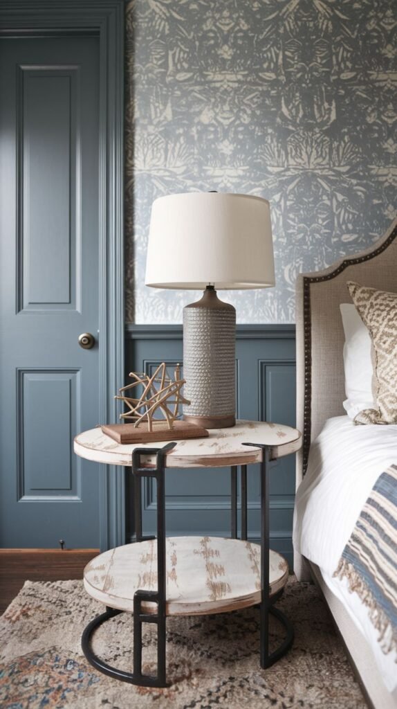 A two-tiered industrial rustic side table with distressed white circular shelves and a dark metal frame, featuring a textured lamp and a decorative sculpture, in a room with blue walls.