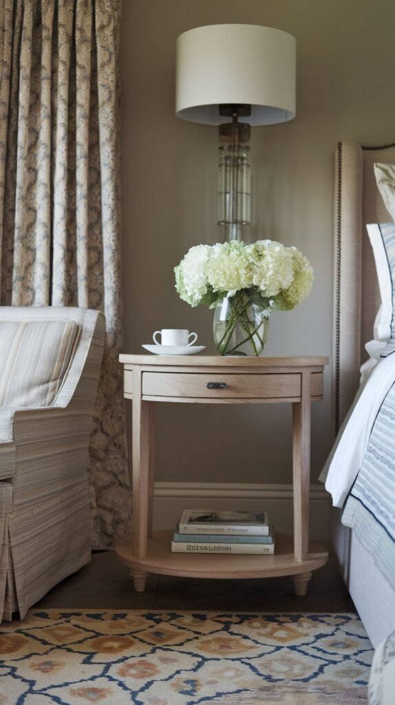 A light wood round side table with a single drawer and a lower shelf, adorned with a vase of white flowers, books, and a teacup, beside a striped armchair and bed.