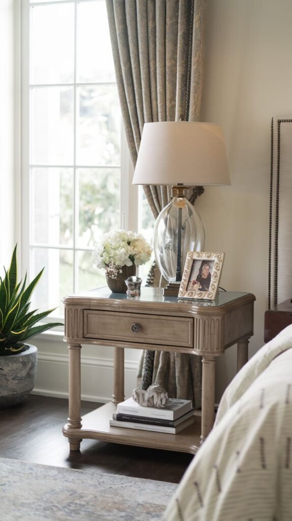 An elegant light wood side table with carved drawer detailing, a lower shelf, and a glass top, topped with flowers, a lamp, and a photo frame, in a bright bedroom.