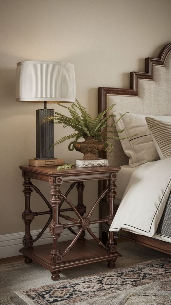 An elaborate dark wood square side table with intricate turned and cross-braced leg structures and a lower shelf, holding a pleated lamp and a potted fern, next to a bed with a unique headboard.