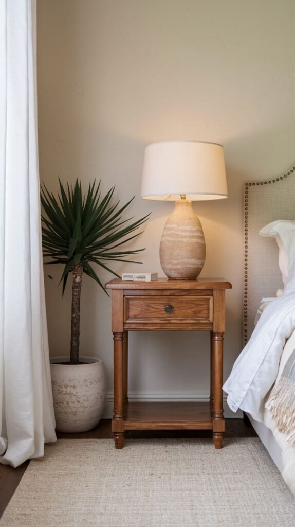 A simple, classic light wood nightstand with a single drawer and an open lower shelf, displaying a textured lamp and books, beside a bed in a bright room.