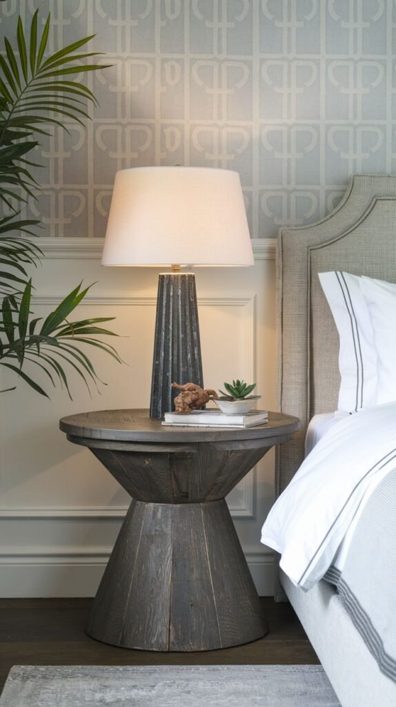 A modern dark-toned wood side table with a round top and a distinctive hourglass or conical pedestal base, topped with a textured lamp and small decorative items.