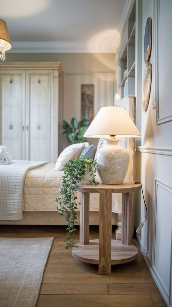 A minimalist light wood round side table supported by a slatted base that incorporates a circular lower shelf, featuring a textured lamp and a trailing plant, in a cozy bedroom.