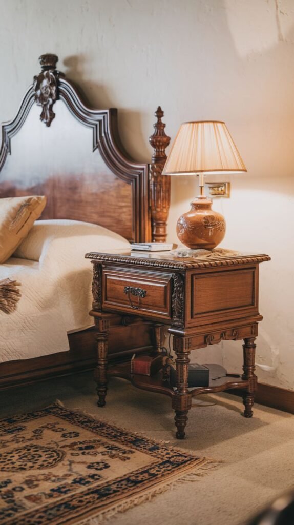 A heavily carved traditional dark wood nightstand with an ornate drawer and a lower shelf, displaying an intricately designed lamp and books, beside a grand wooden bed.