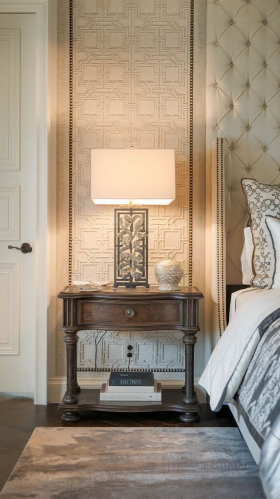 A regal dark wood side table with a square top, an integrated drawer, and detailed, decorative legs, adorned with a lamp featuring an ornate base, next to a tufted headboard.