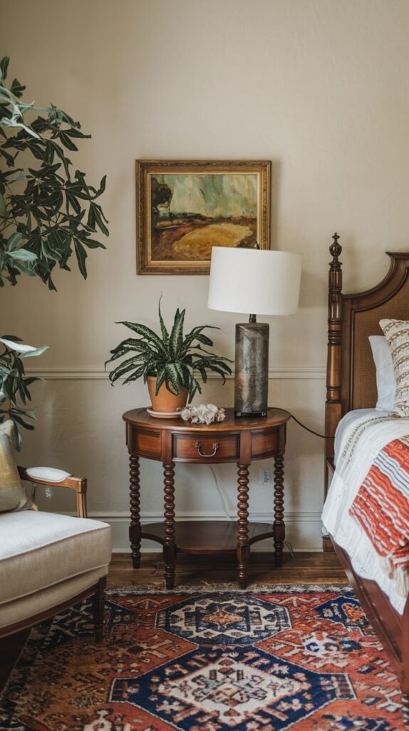 A warm-toned dark wood round side table with a round top, turned spindle legs, and a lower round shelf, holding a textured lamp and a potted plant, in a room with a patterned rug.
