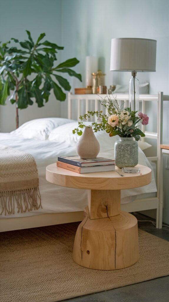 A natural light wood side table with a round top supported by a sturdy, block-like base resembling a tree stump, adorned with flowers and books in a bright bedroom setting.