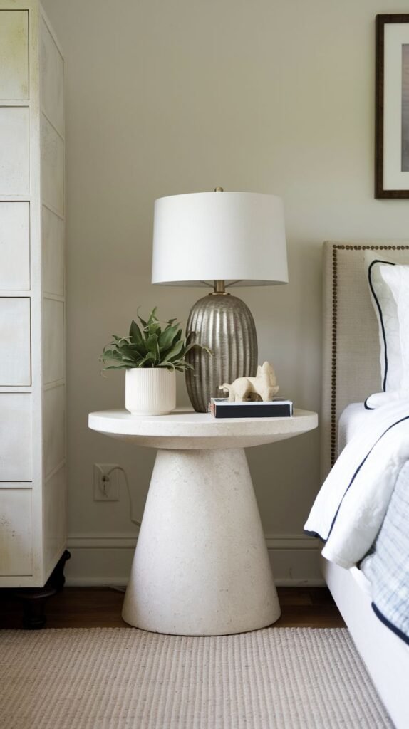 A sculptural light-colored stone or concrete-like side table with a tapered pedestal base and a round top, featuring a ribbed lamp and a small plant, next to a bed.