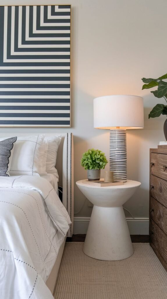 A modern light-colored stone or concrete-like side table with a conical base and a round top, showcasing a striped lamp and a small potted plant, in a monochrome bedroom.