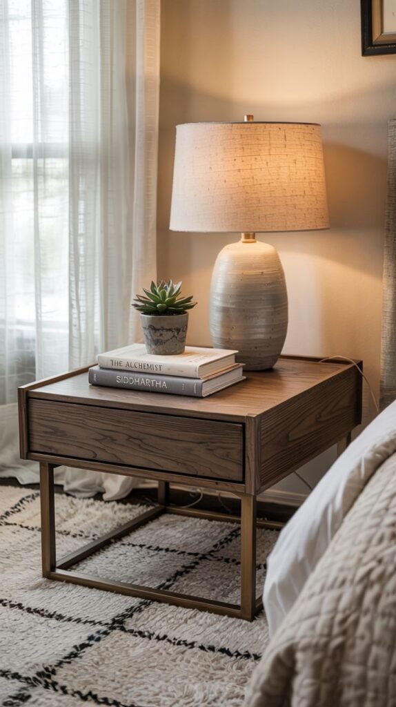 A sleek, modern dark wood rectangular side table with a single drawer and a distinct metal frame base, topped with a textured lamp and books, beside a bed.