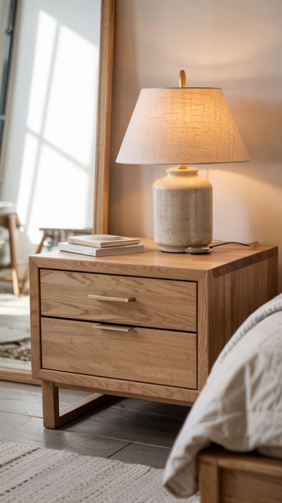 A contemporary light wood rectangular side table with two drawers with gold pulls and subtly angled legs, holding a textured lamp and books, in a bright bedroom.