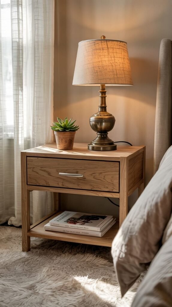 A simple light oak rectangular side table with a single drawer and a convenient open shelf below, topped with a textured lamp and a small potted plant, next to a bed.