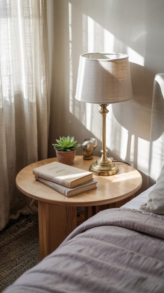 An organic light wood round side table with a unique solid wood base featuring vertical slatted details, showcasing a classic brass lamp and books, in a sunlit room.