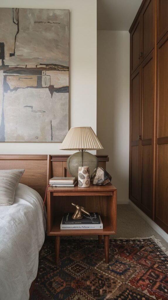 A mid-century modern dark wood side table with a single drawer and an open lower shelf, supported by tapered legs, displaying a pleated lamp and decorative objects.