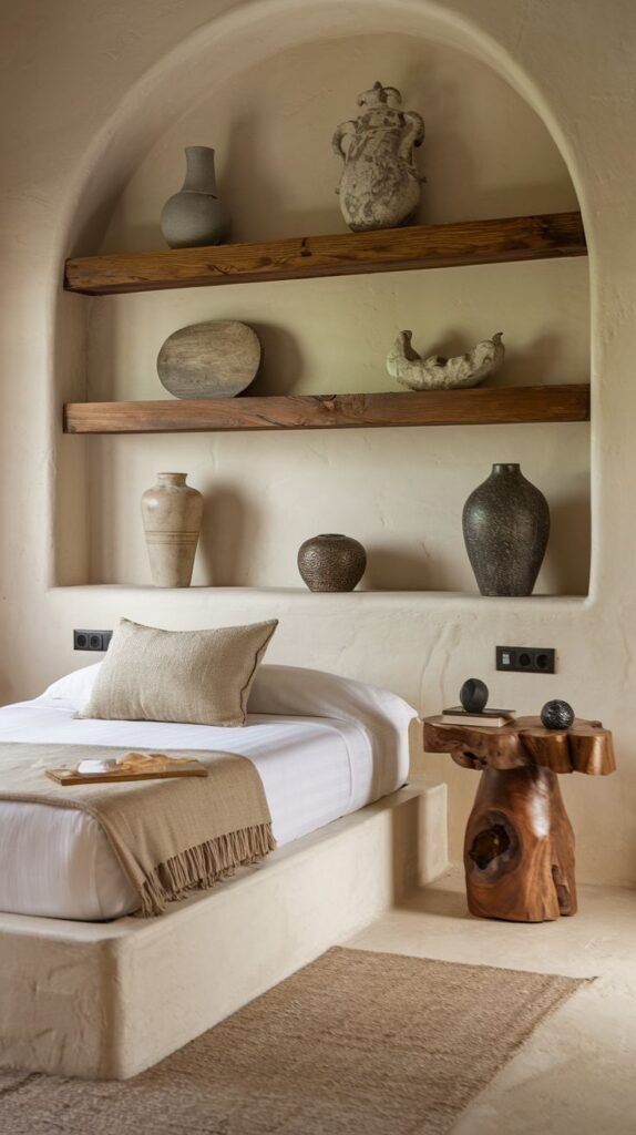 A rustic, live edge wooden stump side table with sculptural cutouts, acting as a unique bedside surface in a minimalist, earthy bedroom with a built-in bed and shelves.