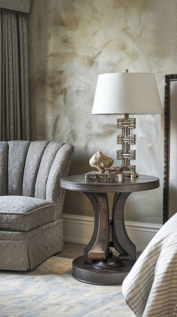 A bold dark wood round side table resting on a substantial pedestal base with geometric cutouts, topped with a modern lamp and decorative items, next to a grey upholstered chair.