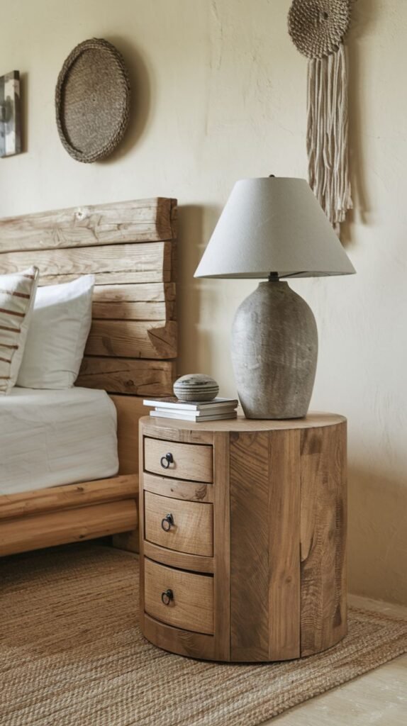 A rustic, cylindrical dark wood side table featuring three drawers with round pulls, topped with a lamp and books, set against a natural wood headboard.