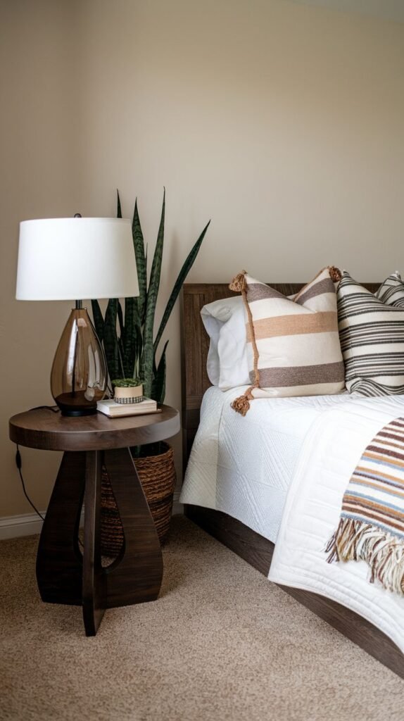 A modern organic dark wood round side table with a distinctive base formed by angled, geometric legs, featuring a large glass lamp and a plant, beside a bed with striped pillows.