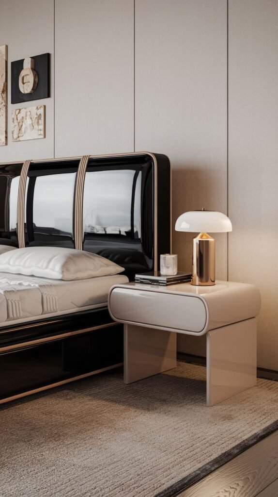 A sleek, modern light-toned side table with curved edges next to a dark, luxurious bed, featuring a contemporary lamp and books.