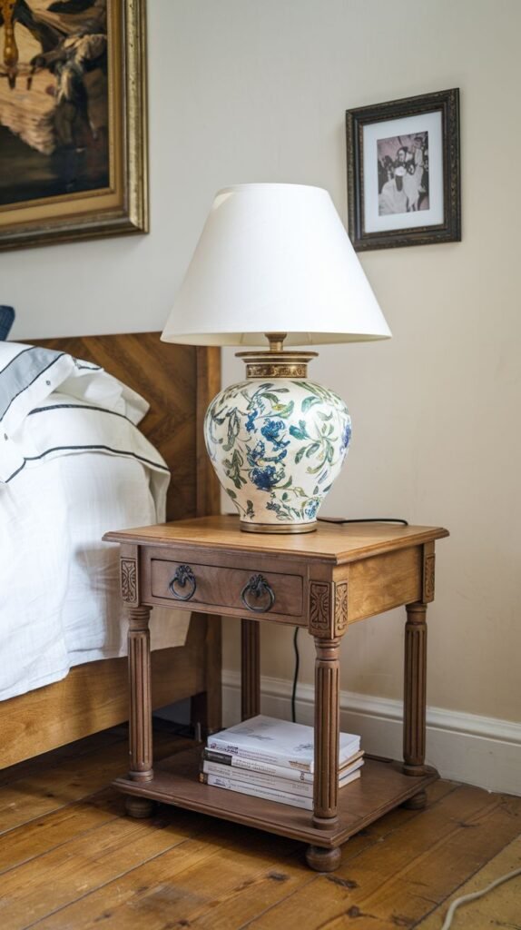 An elegant light brown wood side table with carved detailing on its legs, a single drawer, and a lower shelf, showcasing a large patterned lamp and books next to a wooden bed.