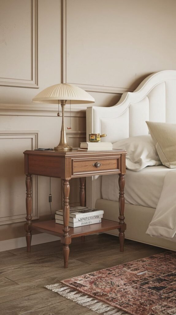 A traditional dark wood nightstand with a single drawer, turned legs, and a lower shelf, holding a pleated lamp and books, beside a cream upholstered bed.