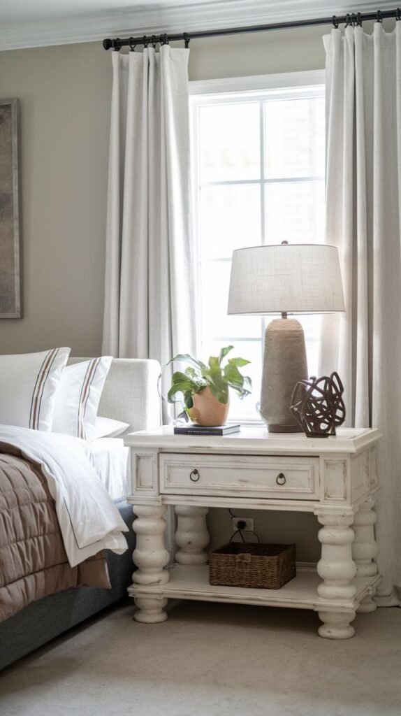 A distressed white side table featuring chunky, turned legs, a drawer, and a lower shelf, topped with a textured lamp and a potted plant, by a bed with brown and white bedding.