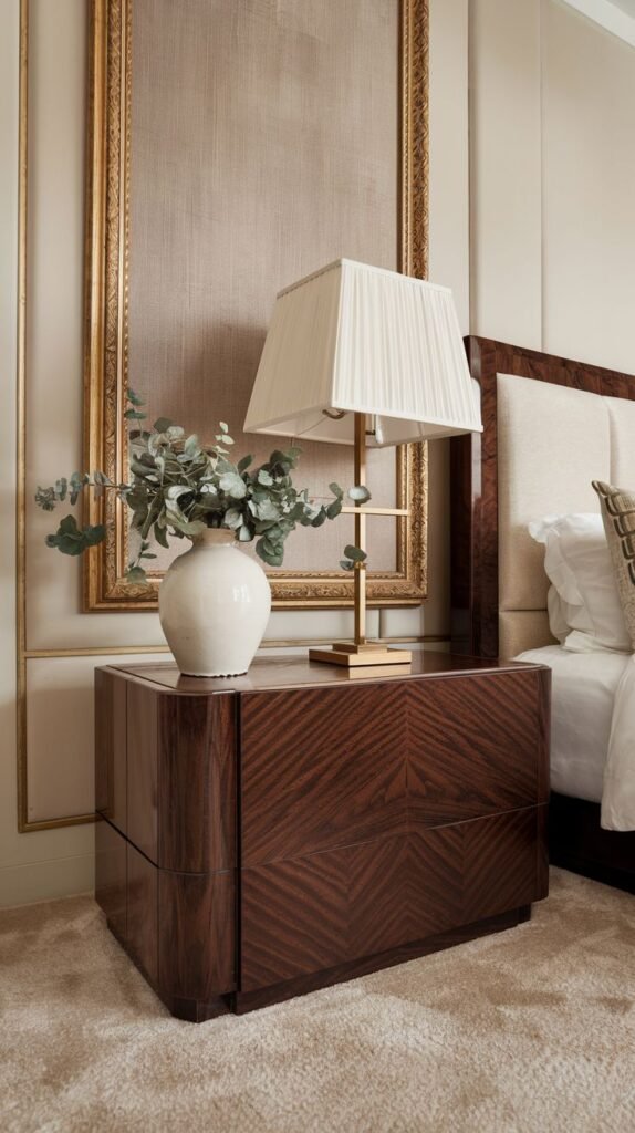 A substantial dark wood side cabinet with a geometric patterned grain (likely chevron or herringbone) and two drawers, showcasing a large gold-based lamp and a vase of eucalyptus, beside a bed with a dark wood frame.